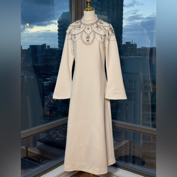 🆕 SIMKHAI 🧿 NWOT Odetta Crystal Embellished Cream Long Sleeve Midi Dress, Sz 8 - Picture 4 of 16